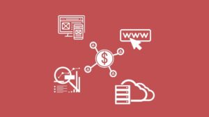 ícones: layout template, domínio web, analise de dados, servidor hospedagem e monetização